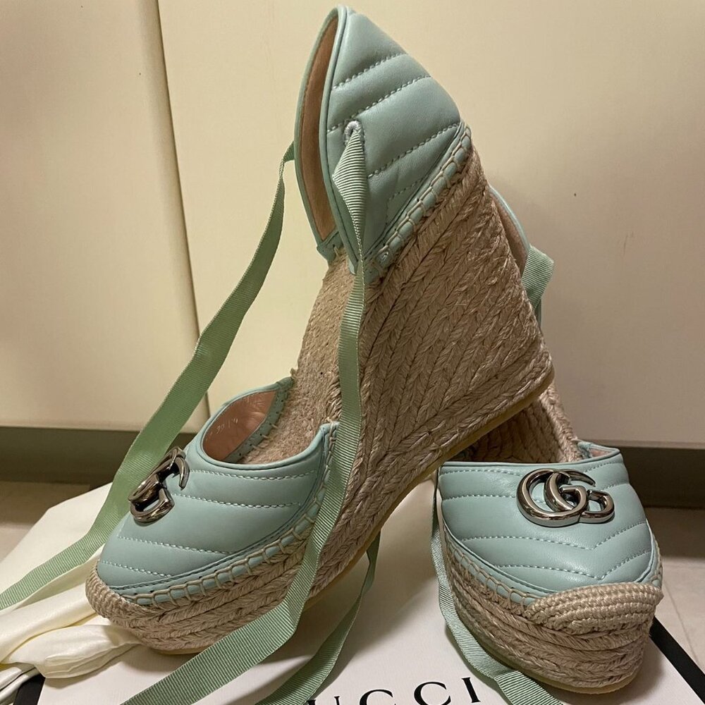 Gucci Ankle Tie Wedge Platform Espadrille Sandals